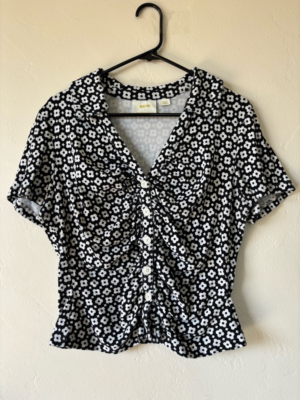Anthropologie Black & White Floral Ruched Button-Front Top